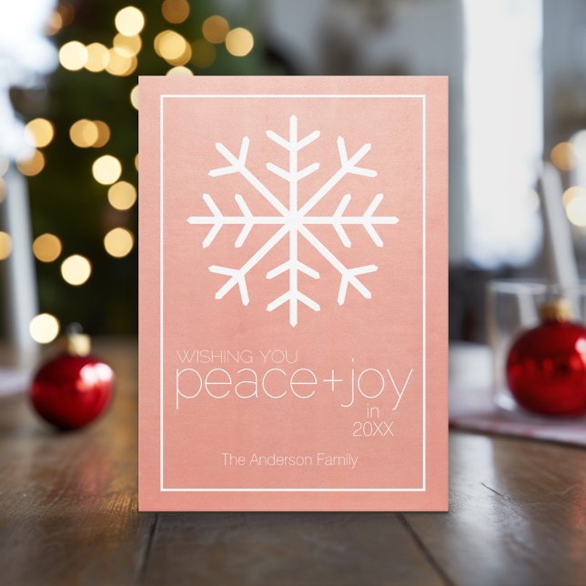 Modern snöflake Gott nytt år - ej fotofoto Julkort (Modern, minimal Christmas Card Design with a rose gold background and huge snowflake)