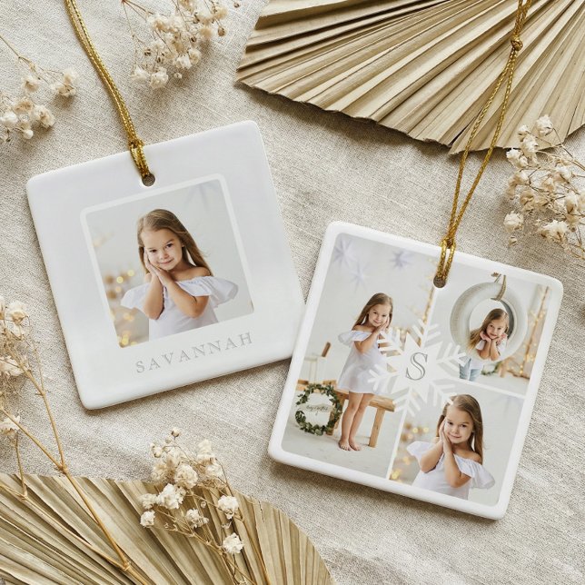Modern snöflake Monogram Tre fotokollage Julgransprydnad Keramik (Modern Snowflake Monogram Photo Collage Keepsake Ceramic Ornament)