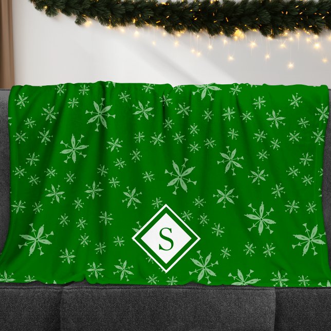 Modern snöflake Mönster på Grönt Monogrammed Fleecefilt (Skapare uppladdad)