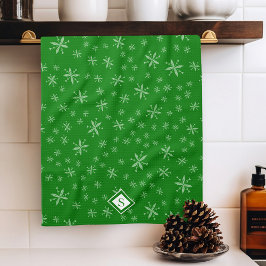 Modern snöflake Mönster på Grönt Monogrammed Kökshandduk