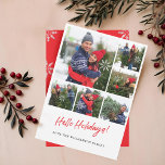 Modern snöflake sex foto Collage Grid Photo Julkort<br><div class="desc">Fira den magiska och festliga julhelgen med våra fotokort för anpassningsbarnas helgdag. Vår moderna minimalistiska helgdag har en 6-fotofotouppställning för helgdag. På grund på helgdag-fotokortet finns typografimeddelandet "Hej Helgdagars!" i ett rött skript som stil. Baksidan av fotokortet i helgdag har en djärv, modern röd bakgrund med ett faux-silver-snöflingor från överkanten...</div>
