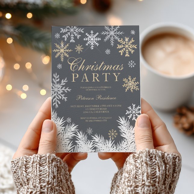 Modern snöflinga tall grå vinter julfest inbjudningar (Modern snowflake pine gray winter Christmas party Invitation)