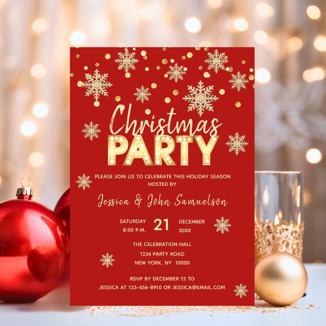 Modern Snöflingor Guld Red CHRISTMAS PARTY Inbjudningar (Modern Snowflakes Gold Red CHRISTMAS PARTY Invitation)
