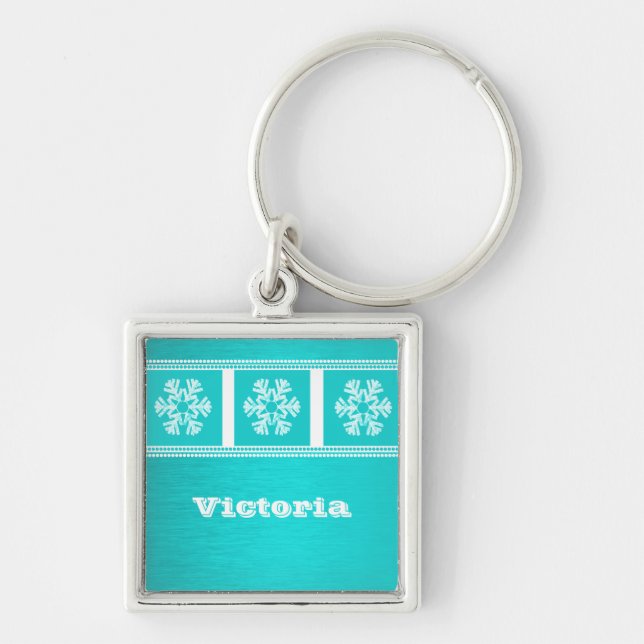 Modern Snöflingor Premium Keychain, Aqua Fyrkantig Silverfärgad Nyckelring (Framsidan)