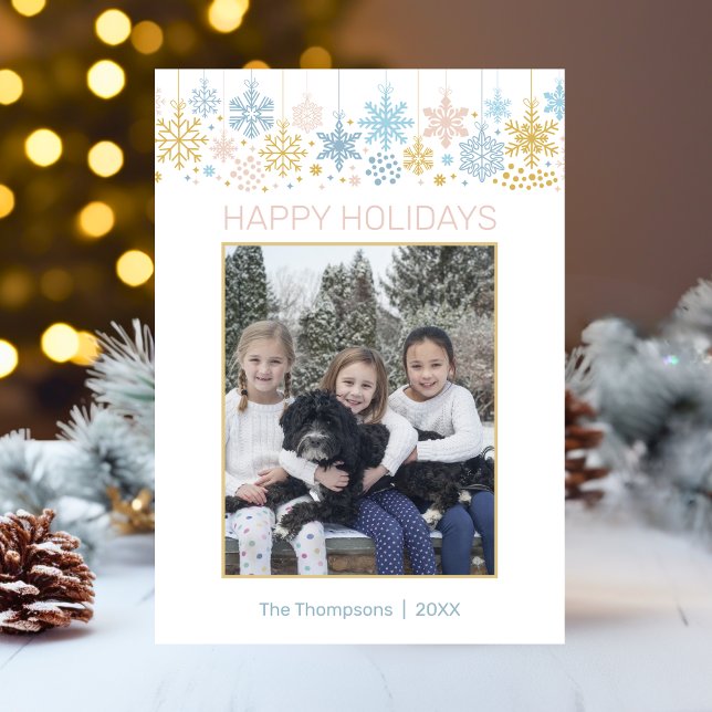 Modern Snöflingor Rosa Blue Guld Jul PHOTO Julkort (Modern Snowflakes Pink Blue Gold Christmas PHOTO Holiday Card)