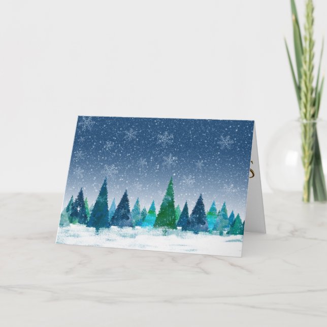 Modern snöig blå skog God Jul Helgkort (Framsida)