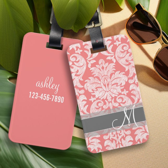 Modern Snöre Damask-mönster - Coral och Grått Bagagebricka (Custom Luggage Tag)