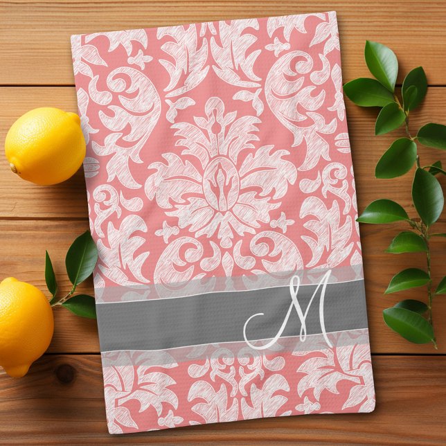 Modern Snöre Damask-mönster - Coral och Grått Kökshandduk (Damask pattern with monogram - personalized kitchen towel)