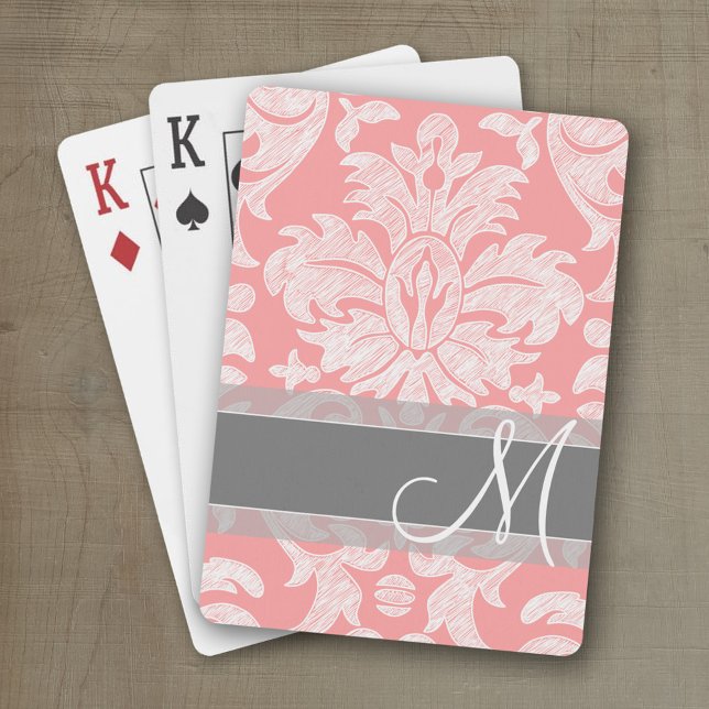 Modern Snöre Damask-mönster - Coral och Grått Kortlek (Personalized playing cards with monogram or custom text)