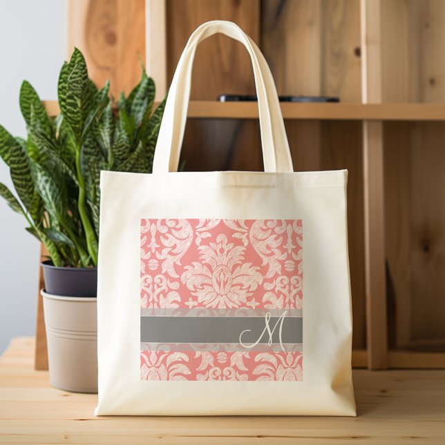 Modern Snöre Damask-mönster - Coral och Grått Tygkasse (Personalized tote bag - lace and name)