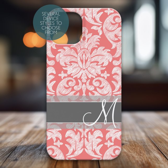 Modern Snöre Damask Pattern Coral och Grått (Personalized Phone Case)