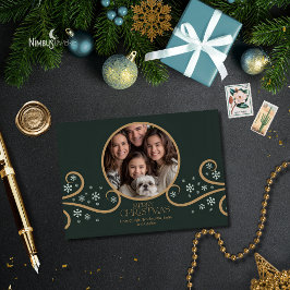 Modern Snowflake Green Folded Photo Holiday Card Kort