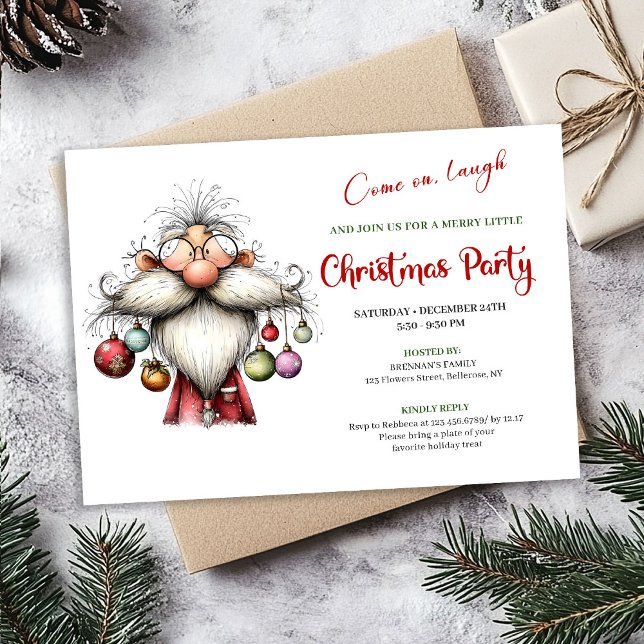 Modern Snurrig Tomte Vattenfärg Julinbjudan Inbjudningar (Modern Quirky Santa Watercolor Christmas Invitation)