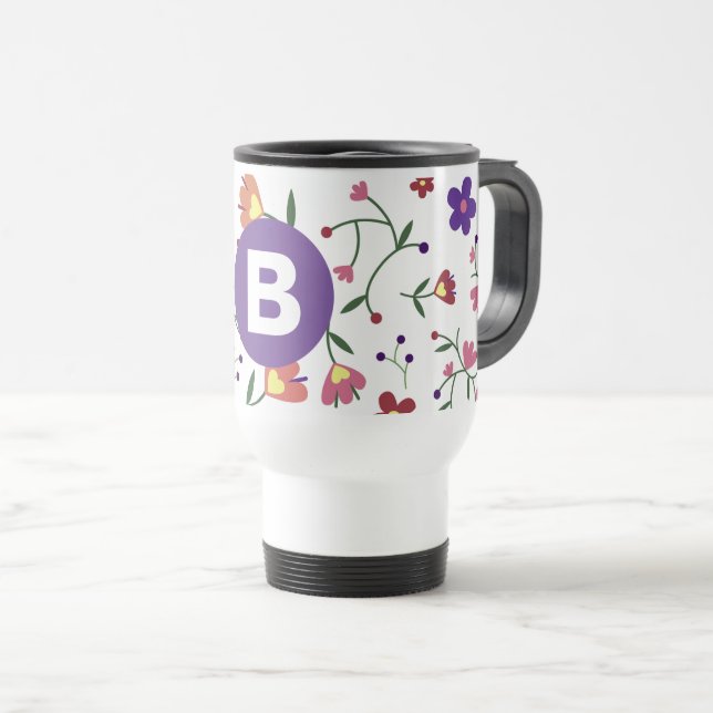 Modern snygg färgrik blomstergul lila monogram resemugg (Framsida höger)