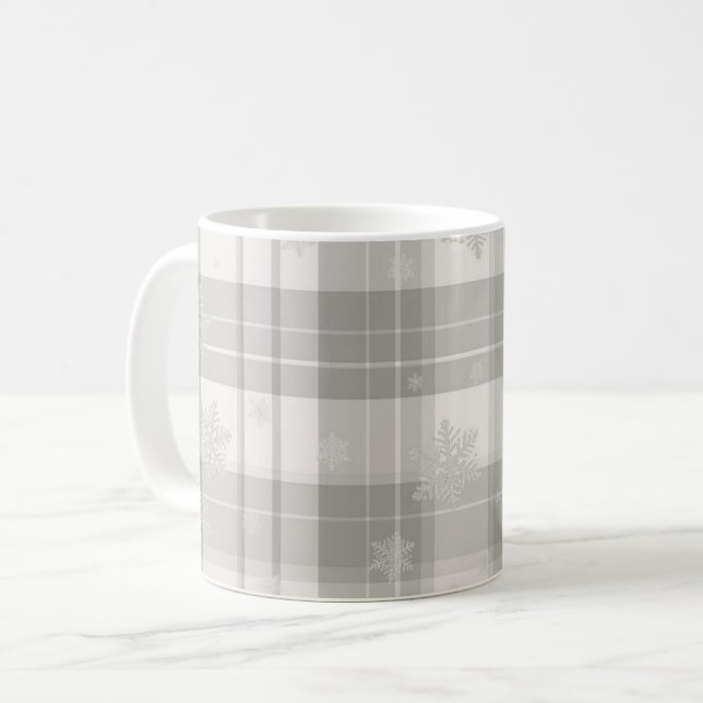 Modern snygg grå vinterrutig mugg med subtil snö (Framsida vänster)