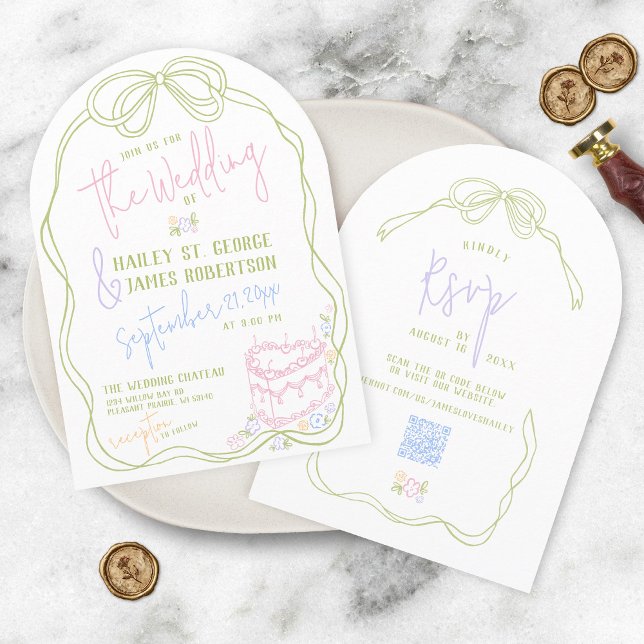 Modern snygg handritad båge PASTELL vit bröllop Inbjudningar (All-in-one quirky modern retro hand drawn written bow cake floral wedding invitation QR code RSVP)