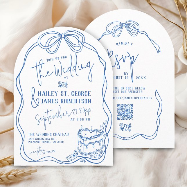 Modern snygg handritad blå retro bröllopsbåge inbjudningar (Retro modern hand drawn blue and white elegant coquette bow floral vintage cake wedding invitation)