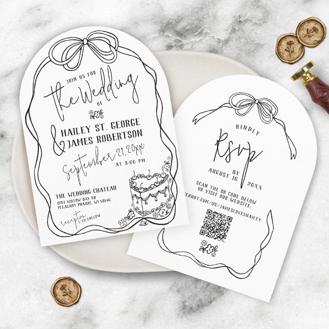 Modern snygg handritad svart retro bröllskapsbåge inbjudningar (Retro modern arch hand drawn black and white coquette bow floral vintage simple  wedding invitation)