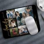 Modern snyggt 6 fotokollage familjekalligrafi musmatta<br><div class="desc">Elegant modern familjeritskript med handskrivet calligraphy-skript med sex anpassningsbar foton med svart guld-knappmall för fotomusmatta.               Observera att bakgrunden till färg kan ändras. Du kan ersätta svart med valfritt färg efter att ha valt alternativet CUSTOMIZE.</div>