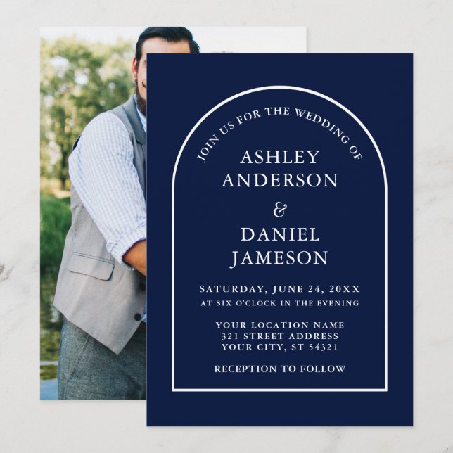 Modern Snyggt Arch Blue Photo Bröllop Inbjudningar (Fram/baksida)