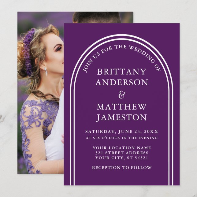 Modern Snyggt Arch Bröllop Lila Photo Inbjudningar (Fram/baksida)