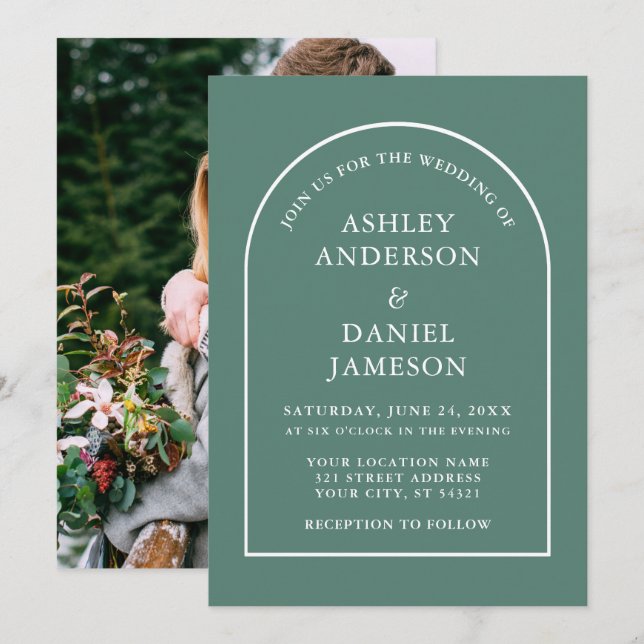 Modern Snyggt Arch Eucalyptus Grönt Photo Bröllop Inbjudningar (Fram/baksida)