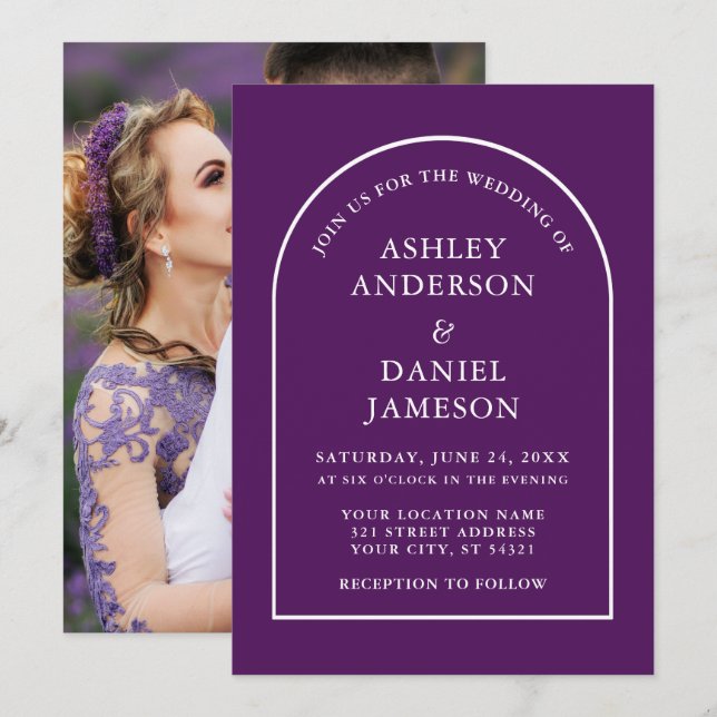 Modern Snyggt Arch Lila Photo Bröllop Inbjudningar (Fram/baksida)