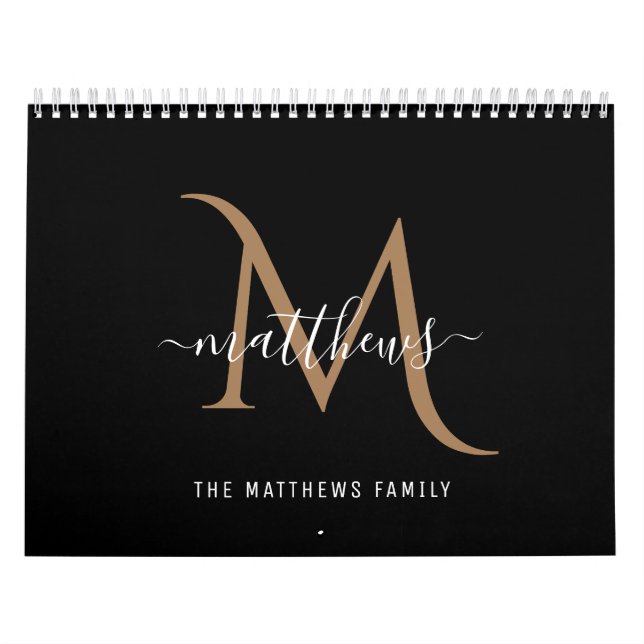 Modern Snyggt Black Guld Photo Monogram Kalender (Omslag)