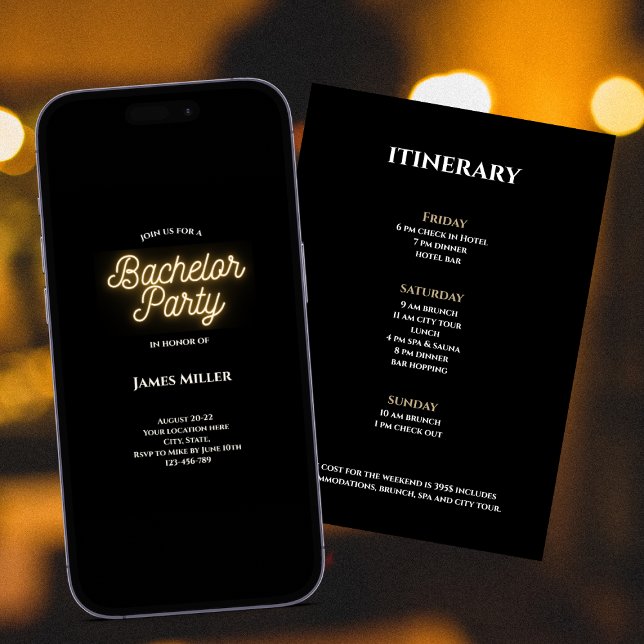 Modern Snyggt Black White Guld Bachelor Itinerary Inbjudningar (modern stylish bachelor party invitation weekend itinerary black gold neon sign script)