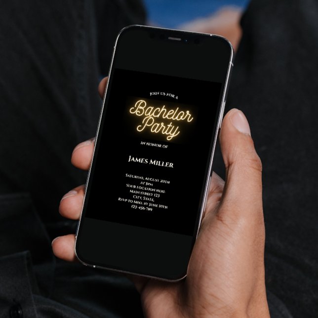 Modern Snyggt Black White Guld Bachelor Party Inbjudningar (modern stylish bachelor party invitation black white gold neon sign script)