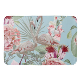Modern snyggt botanisk Flamingo-trädgårdsblå rosa Badrumsmatta