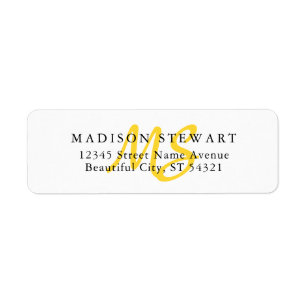 Modern Snyggt Bright Gult Push Script Monogram Returadress Etikett