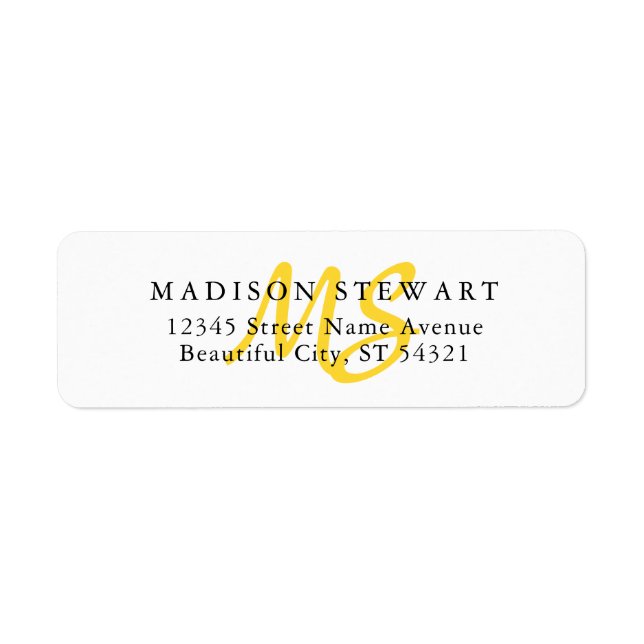 Modern Snyggt Bright Gult Push Script Monogram Returadress Etikett (Framsidan)