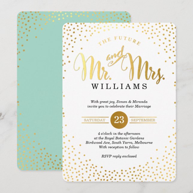 MODERN SNYGGT BRÖLLOP guld konetti mint svart Inbjudningar (Fram/baksida)