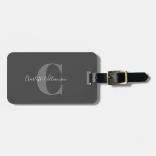 Modern Snyggt Calligraphy Monogrammed Black Grått Bagagebricka