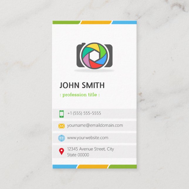 Modern Snyggt Camera Logotyp Photograf Visitkort (Framsida)