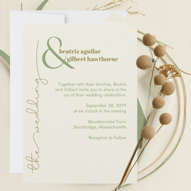 Modern Snyggt Cream och Grönt - minimalistiskt Brö Inbjudningar (Modern minimalist typography elegant wedding invitation in shades of cream, moss green, and olive)