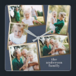 Modern snyggt för flera fotofamiljers heminkräktar fyrkantig klocka<br><div class="desc">Modern helgdag för multifotofamilj i guld.</div>