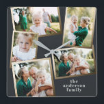 Modern snyggt för flera fotofamiljers heminkräktar fyrkantig klocka<br><div class="desc">Modern helgdag för multifotofamilj i guld.</div>