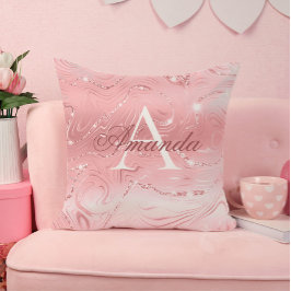 Modern Snyggt Girly Rosa Glitter Monogram Namn Kudde