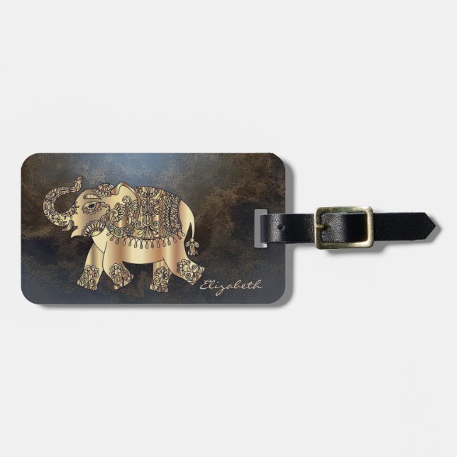 Modern Snyggt Guld Elephant, läder Struktur Bagagebricka (Horisontell Framsida)