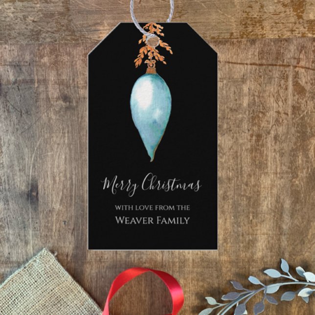 Modern Snyggt Hand Paediatric Watercolor-jul Presentetikett (Personalize this original watercolor Merry Christmas gift tag, modern elegant stylish blue bauble.)