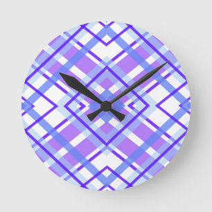 Modern Snyggt Lila Blue & White Gingham Mönster Rund Klocka