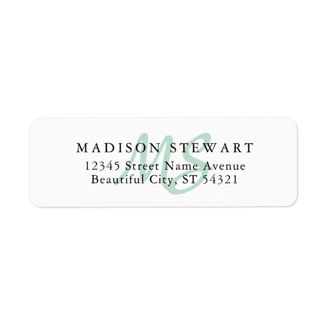 Modern Snyggt Mint Grönt Push Script Monogram Returadress Etikett (Framsidan)