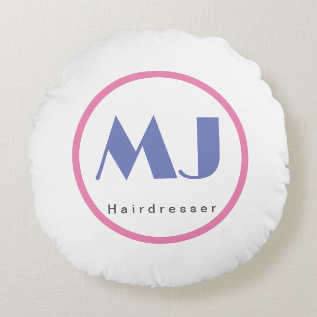 Modern Snyggt Monogram Blue White Hairdresser Rund Kudde (Framsidan)