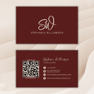 Modern Snyggt Monogram QR-kod - minimalt brunt röt Visitkort