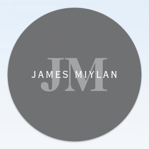 Modern Snyggt Mörk Grått Monogram och Namn Runt Klistermärke