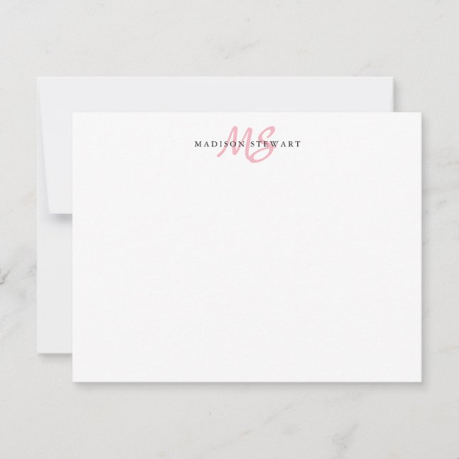 Modern Snyggt Push Script  Rosa Monogram Anteckningskort (Framsida)