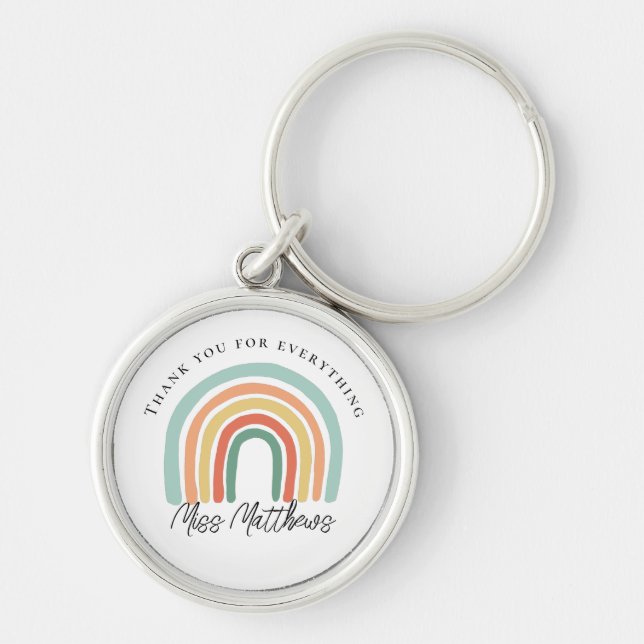 Modern Snyggt Rainbow Teacher Tack Gift Rund Silverfärgad Nyckelring (Framsidan)
