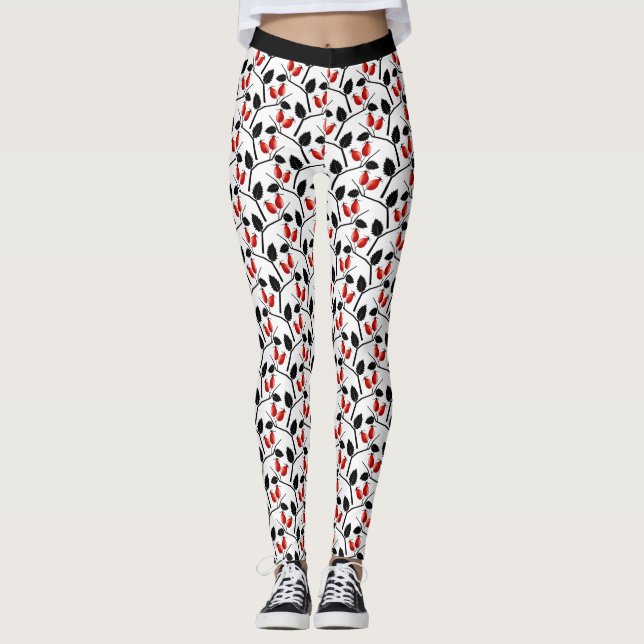 Modern Snyggt Red Black Ro Hips Mönster Yoga Leggings (Framsida)